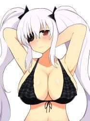 1girls armpits arms_behind_head big_breasts bikini black_bikini busty cleavage eyepatch female female_only large_breasts looking_at_viewer manjou navel pose posing red_eyes senran_kagura sensual swimsuit twintails voluptuous white_hair yagyuu_(senran_kagura)