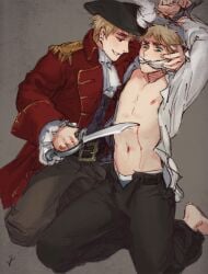 2boys arms_up arthur_kirkland axis_powers_hetalia barefoot blood bondage cleave_gag cloth_gag cutlass duplicated_character england_(hetalia) gag gagged gay hands_up helpless historical imminent_rape imminent_sex male male_only maledom malesub open_shirt pirate pirate_hat privateer restrained selfcest shoeless sword tied unbuttoned unbuttoned_pants unbuttoned_shirt underwear underwear_peek unzipped_pants vuri yaoi