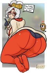 big_ass female heart leggings link purah purah_(tears_of_the_kingdom) silenttandem tears_of_the_kingdom text text_bubble the_legend_of_zelda white_hair