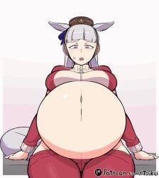 animated anthro burping dialogue filled_belly gold_ship_(umamusume) horse_ears huge_belly huge_breasts rippling_stomach rubbing_belly rumbling_stomach sitting stomach_noises stuffed_belly text tsukiji umamusume umamusume_pretty_derby