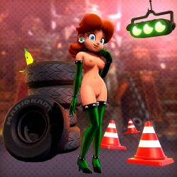 accurate_art_style alternate_version_available blue_eyes brown_hair elbow_gloves freckles gloves high_heels latex latex_gloves mario_(series) mario_kart onmodel3d pinup princess_daisy red_hair slave_outfit thigh_highs