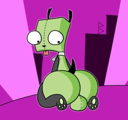 1boy anthro ass balls big_butt black_tail blep canid canine canis collar disguise domestic_dog genitals gir_(invader_zim) green_body hi_res huge_butt invader_zim looking_back machine male mammal nickelodeon on_model pawpads peludoburro presenting presenting_balls presenting_hindquarters robot seam_(sewing) sitting sitting_on_ground solo stitch_(sewing) tail tongue tongue_out