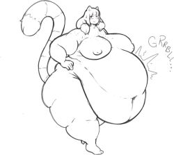 black_and_white cat_ears cat_tail female huge_belly monochrome obese obese_female post_vore stickyglobule_(artist) vore vore_belly