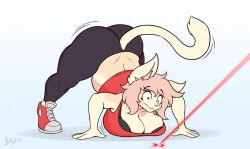 anthro big_ass big_breasts black_trousers brassiere capri doxxyl female female_only furry furry_ears furry_only furry_tail jack-o_pose laser laser_pointer pink_hair red_sneakers red_t-shirt sneakers t-shirt tagme trousers white_skin