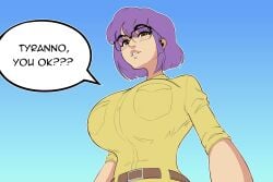 blue_background breasts dialogue dinocore gigantic_breasts glasses huge_boobs huge_breasts kaya_(dinocore) looking_at_viewer looking_down purple_hair speech_bubble