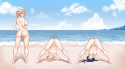 3girls areolae arms_behind_head ass beach bent_over big_breasts breasts completely_nude completely_nude_female exercise exhibitionism female female_only full_body hands_on_hips kamimura_akiko kamimura_chika kamimura_haruka martinstorm mother mother_and_daughter multiple_girls naked naked_female nipples nude nude_female pussy sisters_~natsu_no_saigo_no_hi~ small_breasts uncensored upside-down