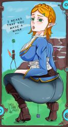 1girls ass ass_focus big_breasts blonde_hair breasts camera clothing elf_ears female green_eyes huge_ass huge_breasts leggings looking_at_viewer princess_zelda tears_of_the_kingdom the_legend_of_zelda zelda_(tears_of_the_kingdom) свекло