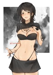 big_breasts black_bra black_hair black_panties blush bra canon_genderswap chest_tattoo cleavage female female_only genderswap_(mtf) highleg_panties lace-trimmed_bra lingerie medium_hair one_piece rule_63 shiku_shiku_no_mi shirt_lift shirt_up shounen_jump side-tie_panties solo sweat tattoo tattoos tiradmisx trafalgar_law trafalgar_law_(female) twitter twitter_username yellow_eyes