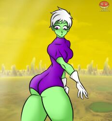 ass big_ass big_butt bodysuit breasts cheelai curvy cute dragon_ball dragon_ball_super dragon_ball_super_broly dragon_ball_z green_skin legs looking_back purple_eyes small_waist thick thick_thighs white_hair wide_hips zirot