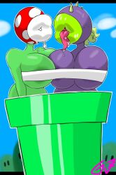 2girls areola_slip areolae breast_press carnivorous_plant chest_wraps chomper_(pvz) crossover drooling female female_only gr8p_ju1ce grapejuicerulez large_breasts long_tongue look-alike mario_(series) multiple_girls nintendo outdoors pipes piranha_plant plant plant_girl plant_humanoid plantie plants_vs_zombies popcap_games pvz sharing_clothes sharp_teeth signature super_mario_bros. warp_pipe