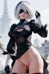 1girls ai_generated blindfold bottomless eyepatch female female_focus female_only innie_pussy nier nier:_automata nier_(series) pussy white_hair yorha_2b