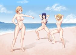 3girls areolae arms_behind_head beach big_breasts breasts completely_nude completely_nude_female exercise exhibitionism female female_only full_body hand_on_hip kamimura_akiko kamimura_chika kamimura_haruka martinstorm mother mother_and_daughter multiple_girls naked naked_female nipples nude nude_female pointing pussy sisters_~natsu_no_saigo_no_hi~ small_breasts squatting uncensored