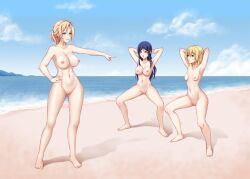 3girls areolae arms_behind_head barefoot beach big_breasts breasts completely_nude completely_nude_female exercise exhibitionism female female_only full_body hand_on_hip kamimura_akiko kamimura_chika kamimura_haruka martinstorm mother mother_and_daughter multiple_girls naked naked_female nipples nude nude_female pointing pussy sisters_~natsu_no_saigo_no_hi~ small_breasts squatting uncensored