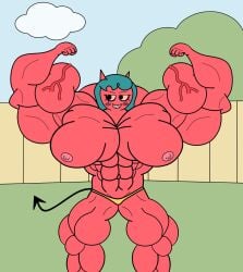 abs black_tail blush cloud demon demon_horns demon_tail devil_mom_(jackbox) eyelashes female fence grass huge_biceps jackbox_games large_breasts muscles red_skin sharp_teeth teal_hair the_devils_and_the_details the_jackbox_party_pack_7 thick_thighs topless tree vein vixylafoen yellow_panties