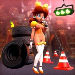 blue_eyes brown_hair collar freckles gloves hairbow high_heels mario_(series) mario_kart onmodel3d princess_daisy red_hair slave_outfit thigh_highs