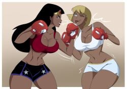 2d 2girls bell_haircut big_ass big_breasts black_hair blonde_hair blue_eyes bob_cut boxing boxing_gloves bra breasts bursting_breasts busty cartoon_network cleavage cleavage_cutout clone costume curvaceous curvy curvy_figure dark_hair dc_comics female female_only galatea ghostlessm hair hero heroine hips hourglass_figure huge_boobs huge_breasts humanoid kryptonian large_breasts legs lips lipstick long_hair lower_body medium_hair outfit punch red_boxing_gloves red_gloves red_lipstick red_sports_bra seductive_pose sensual short_hair shorts sports_bra superhero superheroine thick thick_legs thick_thighs thighs toonami uppercut voluptuous white_shorts white_sports_bra wide_hips wonder_woman wonder_woman_(series)