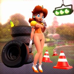 blue_eyes brown_hair castle freckles gloves high_heels mario_(series) mario_kart mario_kart_8 onmodel3d pinup princess_daisy racetrack royal_raceway socks