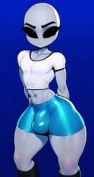 ai_generated alien alien_humanoid angry angry_face arms_behind_back black_eyes blue_shorts bulge bulge_through_clothing creature extraterrestrial femboy feminine_male humanoid nai_diffusion penis_bulge shortstack stable_diffusion thick_thighs tight_clothing white_shirt wide_hips