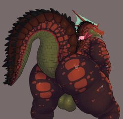 anthro anus ass backsack balls bedroom_eyes bent_over big_butt brown_body brown_scales crocodile crocodilian crocodylid fin genitals grizz_(croc) grizzledcroc head_fin hi_res huge_butt looking_at_viewer looking_back looking_back_at_viewer male narrowed_eyes nude presenting presenting_hindquarters raised_tail reptile scales scalie seductive sharp_teeth solo tail teeth thick_thighs tongue tongue_out
