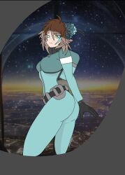 among_us bangs cyan_(among_us) dressed dyed_hair littlespurs medium_ass medium_breasts medium_hair space_suit tight_fit