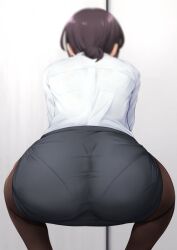 1girls ass big_ass brown_hair female female_only from_behind hair_bun highres legs ocza office_lady panties_visible_through_clothing pantyhose pantylines skirt squatting thighs voluptuous