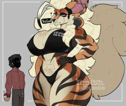 abs ace_(claweddrip) anthro arcanine big_breasts breasts child_bearing_hips female feyaarts furry huge_breasts kar_(feyaarts) larger_female pokemon pokemon_(species) smaller_male tagme thick_thighs wide_hips