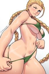 ahoge bikini bikini_pull bikini_tug blonde_hair blue_eyes blush braid breasts cammy_white cleavage clothes_pull dracksart female highres large_breasts long_hair navel one_eye_closed scar solo street_fighter sweat swimsuit tan tanline thighs thong_bikini twin_braids