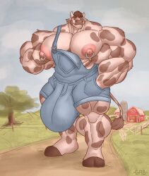 bovine bulge flaccid furry gab_art hyper_bulge male_only nipple_piercing nipples overalls overalls_only pecs solo solo_male