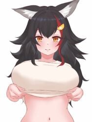 1girls animated belly_button big_breasts black_hair bouncing_breasts eka_kinoko hololive hololive_gamers hololive_japan looking_at_viewer multicolored_hair ookami_mio red_hair shirt shirt_lift solo solo_female solo_focus virtual_youtuber wolf_ears wolf_girl yellow_eyes