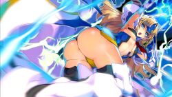 1girls akaga_hirotaka arc_system_works arm_behind_head arm_up armpits ass big_ass blazblue blonde_hair blue_eyes breasts bubble_butt fat_ass female female_only highres huge_ass legs long_hair looking_at_viewer looking_back maebari mu-12 noel_vermillion official_art open_mouth small_breasts thighs underboob