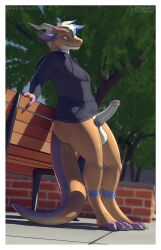 anthro ass balls bench big_butt bottomless casual_nudity claws clothed clothing dragon erection genitals hi_res hoodie hoodie_only horn leaning leaning_back male orange_body orange_scales outside park_bench plant scales scalie side_view skipsy solo solo_male standing toe_claws topwear topwear_only tree tulnek wingless_dragon