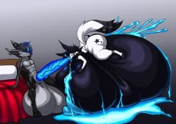 abaddon_evandermun_(abaddonad) anthro arctic_fox big_breasts big_dom_small_sub big_penis black_body black_fur blue_cum blue_hair blue_penis bodily_fluids bottom_heavy breasts can't_be_found_on_site. canid canine colored_cum cum custom_species dominant duo female fox fur genital_fluids genitals glowing glowing_cum glowing_genitalia hair hi_res huge_breasts huge_cock hyper hyper_breasts hyper_genitalia hyper_penis inflation inflation izadore_evandermun_(kaiser) male male/female mammal penis red_sheets size_difference unusual_bodily_fluids unusual_cum unusual_genital_fluids white_body white_fur