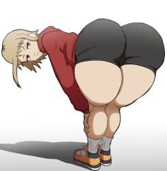 1girls ass ass_focus bent_over big_ass black_shorts blonde_hair bottomwear chainsaw_man clothing dat_ass female female_only footwear hair huge_ass jacket legs looking_back metalsplinter red_eyes red_jacket sawatari_akane shoes shorts solo solo_female thick_thighs thighs topwear