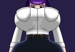 big_breasts big_breasts breasts breasts breasts clothed clothing dinocore huge_breasts kaya_(dinocore) looking_at_viewer looking_down purple_hair viewed_from_below