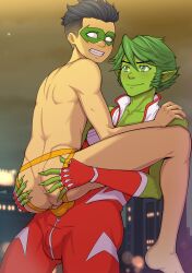 beast_boy beast_boy_(new_52) bulge damian_wayne dc dc_comics flaccid garfield_logan gay gay_domination gay_sex green green_body green_eyes green_hair green_skin male male_only nsfw robin_(damian_wayne) robin_(dc) suiton yaoi