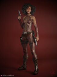 1girls 2020 3d amouretluxure black_hair boots clothed clothing curly_hair dark-skinned_female dark_skin dual_wielding female female_only holding_pistol livy_(amouretluxure) medium_breasts nipple_bulge nipples_visible_through_clothing original_character red_background red_eyes sci-fi science_fiction see-through_clothing solo solo_female standing translucent_latex