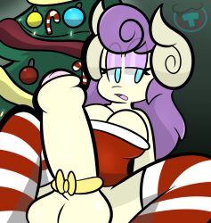 anthro balls bottomless bovid breasts candy candy_cane caprine christmas christmas_tree clothed clothing curved_horn dessert food futanari genitals gynomorph hi_res holidays horns huge_cock intersex legwear looking_at_viewer mammal mintytempest partially_clothed penis plant smooth_penis solo stockings tabia_(mintytempest) tired tree