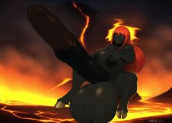 ai_generated fire_demon fire_hair futanari hooves horny huge_breasts humanoid_penis_with_sheath hyper hyper_balls hyper_penis lava muscular_futanari nai_diffusion novelai orange_eyes pullthetriggeryoubitch red_hair tagme unguligrade_legs volcanic_setting volcano