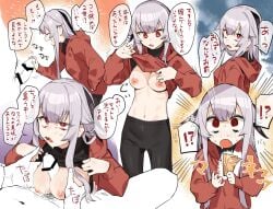 !? 1boy @_@ bar_censor bike_shorts breasts censored character_request erection female grey_hair highres hood hoodie long_hair medium_breasts money muchi_maro multiple_views no_bra oerba_yun_fang open_mouth paizuri penis red_eyes smile straight sweatdrop translation_request yo_ga_yo_nara!