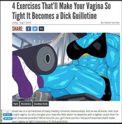 big_breasts big_thighs blue_skin breasts cinkoji color colored dick_guillotine_(meme) female gym joke meme midriff monnie_(cinkoji) muscle muscles muscular muscular_arms muscular_female oc original original_character solo solo_female sweat sweating text thighs