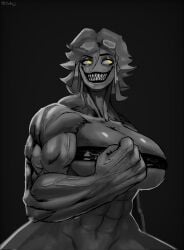 big_breasts big_thighs black_and_white blue_hair breasts cinkoji female fist monnie_(cinkoji) muscle muscles muscular muscular_arms muscular_female oc original original_character sharp_fingernails sharp_nails sharp_teeth smile smiling solo solo_female thighs yellow_eyes