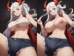 1girls ai_generated big_breasts crossplay denim_shorts earrings female female_only from_below horns huge_breasts midriff monkey_d_luffy_(cosplay) navel olroxai one_piece orange_eyes red_vest tagme topless_cosplay white_hair yamato_(one_piece)