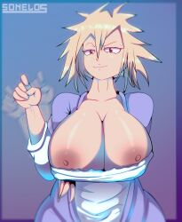 1girls areolae big_breasts big_nipples blonde_hair breasts breasts_out clothing exposed_breasts female female_focus female_only gesture hair handjob_gesture huge_breasts looking_at_viewer mature mature_female mature_woman milf mitsuki_bakugou mother motion_lines my_hero_academia nipples red_eyes smooth_skin solo solo_female solo_focus sonelos topwear