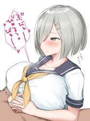 1boy black_sailor_collar blush breasts collarbone cum cum_on_body cum_on_breasts female grey_eyes grey_hair hair_ornament hair_over_one_eye hairclip hamakaze_(kantai_collection) highres kantai_collection large_breasts long_bangs nanae neckerchief paizuri paizuri_on_lap paizuri_under_clothes sailor_collar school_uniform short_hair short_sleeves simple_background straight translation_request upper_body white_background yellow_neckerchief