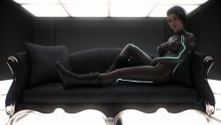 16:9 1girls 2020 3d amouretluxure black_bodysuit bodysuit boots clothed clothing couch female female_only glowing_clothes glowing_clothing indoors large_breasts looking_at_viewer pillow png seated short_hair sitting solo solo_female