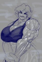 big_breasts big_thighs black_and_white blue_skin breasts cinkoji color colored female midriff monnie_(cinkoji) muscle muscles muscular muscular_arms muscular_female oc original original_character sharp_fingernails sharp_nails sharp_teeth smile smiling solo solo_female sweat sweating thighs yellow_eyes