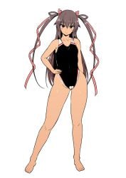 black_one-piece_swimsuit closed_mouth clothing_cutout collarbone female full_body hair_ornament hand_on_own_hip highres long_hair looking_at_viewer lovelovemaid mizuki_yukikaze one-piece_swimsuit purple_eyes purple_hair pussy simple_background smile solo swimsuit taimanin_(series) taimanin_yukikaze tan tanlines toes twintails white_background