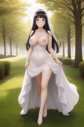 1girls ai_generated black_hair breasts female long_hair naked nature nipples nude original_character outside park pixai trees wedding_dress wedding_veil