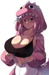 1girls absurd_res black_bra blue_eyes blush bocchi_the_rock! bra breasts cleavage closed_mouth collarbone dinosaur dinosaur_costume gotou_hitori highres hinghoi hood hood_up large_breasts long_hair looking_at_viewer navel onesie partially_undressed pink_hair princesshinghoi side_ahoge simple_background solo sweat underwear unzipping white_background