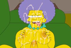 1boy 1girls accurate_art_style afro areolae big_breasts breasts chubby chubby_female comic cum cum_on_breasts cum_on_face cumshot dxt91 fat_woman female female_focus grin grinning_at_viewer large_breasts long_hair looking_at_viewer mature mature_female mature_woman necklace nipples older_female penis_in_pussy pov purple_hair selma_bouvier the_simpsons tongue_out upper_body voluptuous